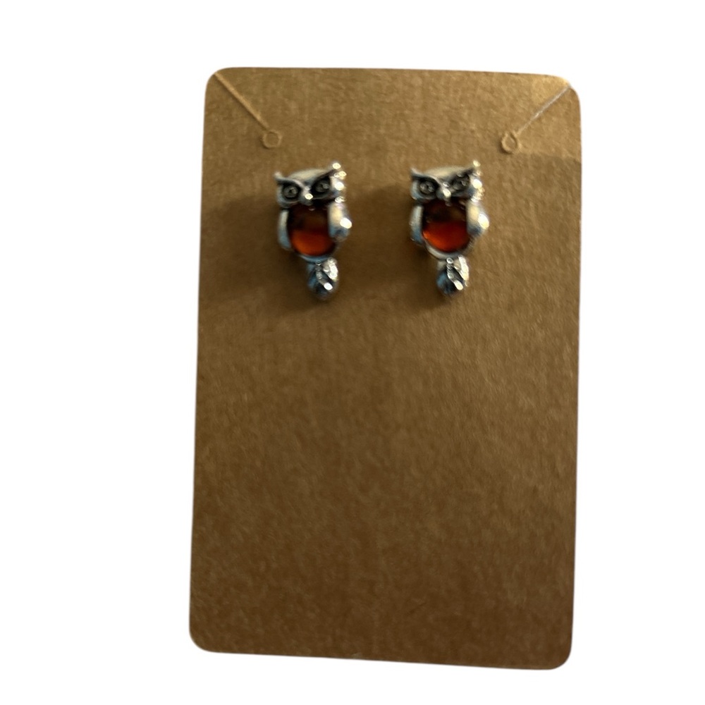 Natural Baltic Amber & Sterling Silver Owl Stud Earrings